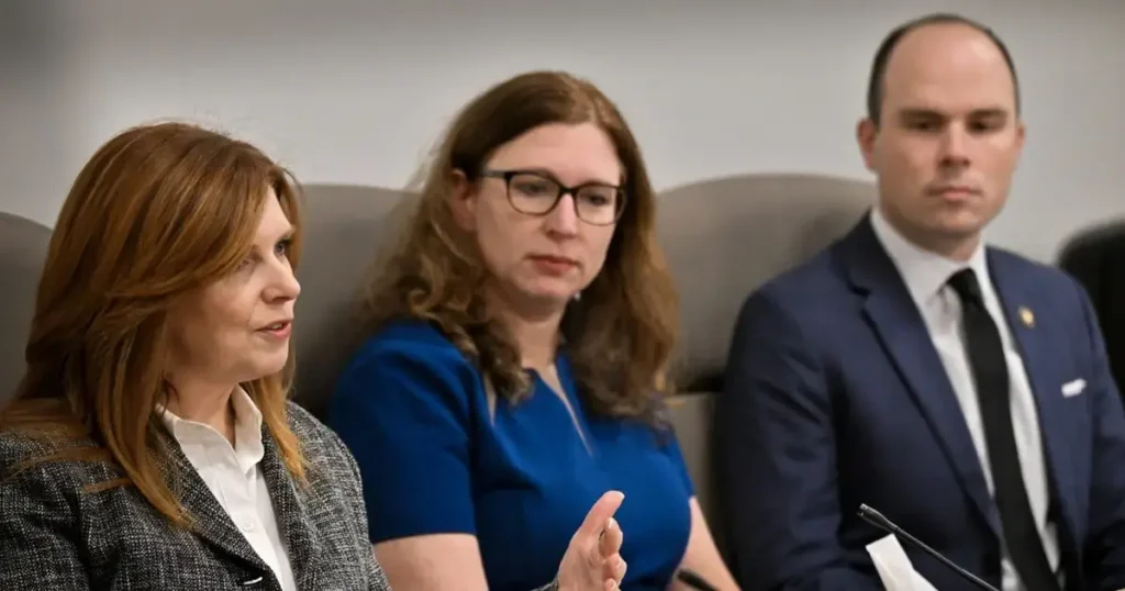 House Minority Leader Christine Drazan, R-Canby, talks as House Speaker Julie Fahey, D-Eugene, and House Majority Leader Ben Bowman, D-Tigard, listen during a legislative preview on Jan. 16, 2025. (Photo by Ron Cooper/Oregon Capital Chronicle)