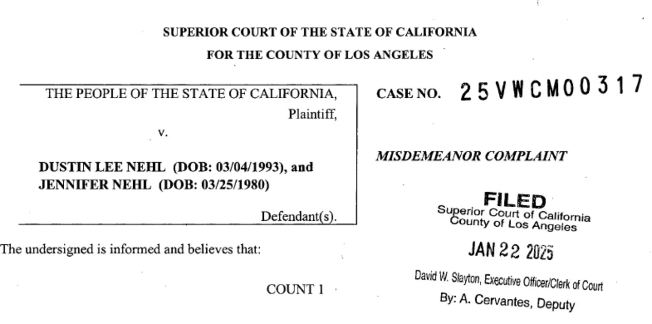 A portion of the complaint filed against Oregonians Dustin and Jennifer Nehl by the Los Angeles County DA’s Office, alleging the couple impersonated a fire officer and attempted unauthorized entry of close disaster area